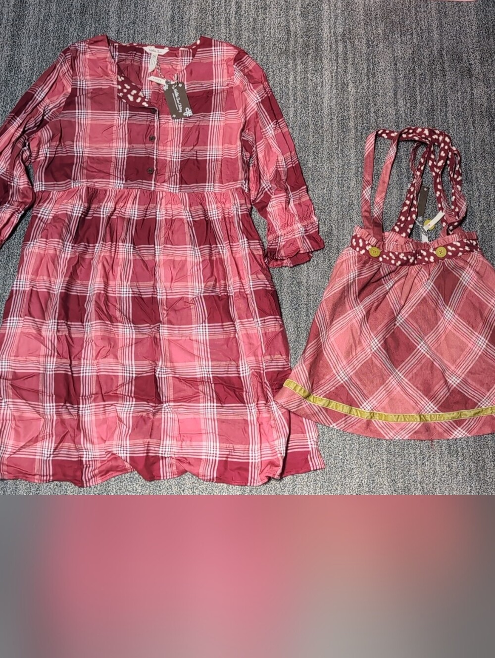 NWT Matilda Jane Womens (Medium) Pink Plaid Dress & Girls (8) Suspender Skirt